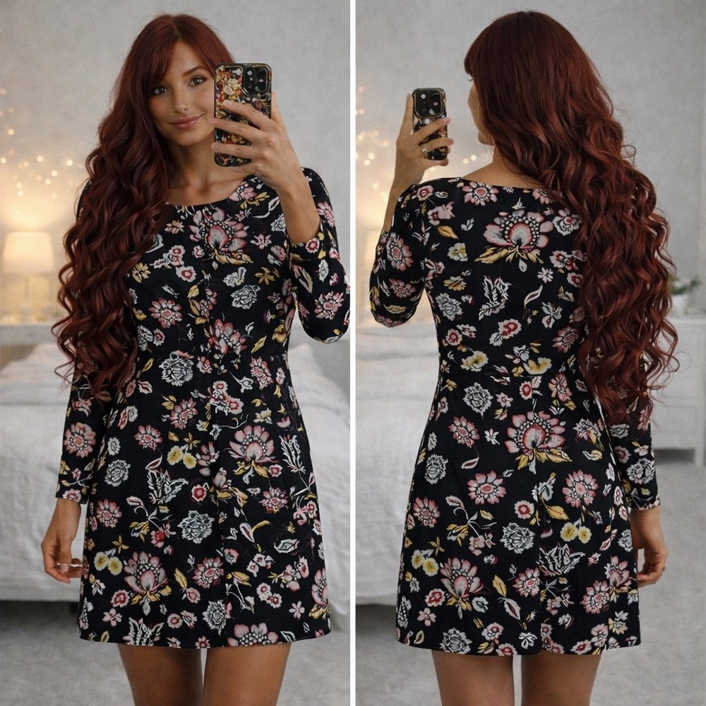 LOFT Outlet Petite Floral Long Sleeve Shirt Dress Black Pink 8P Botanical Print